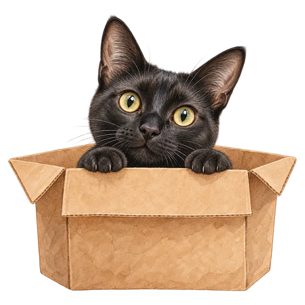 Lila asomada desde una caja de cartón
