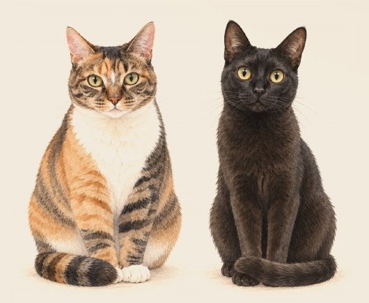 Ilustración en acuarela de Uma, una gata calicó atigrada, y Lila, una gata negra, sentadas una al lado de la otra
